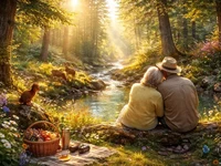 Сонячна лісова галявина з струмком, квітами, оленями та літньою парою