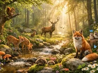 Світлий ранковий ліс зі струмком, лисицею, оленятами та оленями