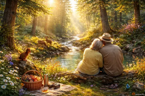 Сонячна лісова галявина з струмком, квітами, оленями та літньою парою