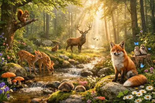 Світлий ранковий ліс зі струмком, лисицею, оленятами та оленями