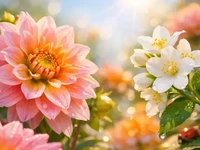 Яскравий макрознімок: рожева жоржина та білі квіти з краплями роси