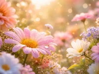 Крупний план рожевих, білих і блакитних квітів у краплях роси