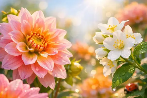 Яскравий макрознімок: рожева жоржина та білі квіти з краплями роси