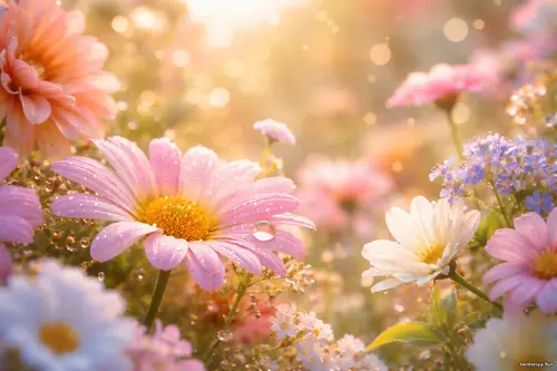 Квіти крупним планом - Мить, що лишилась Крупний план рожевих, білих і блакитних квітів у краплях роси