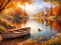 Осінній пейзаж біля спокійного озера з човном, золотим листям