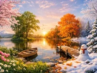 Панорамний пейзаж озера з переходом між чотирма порами року