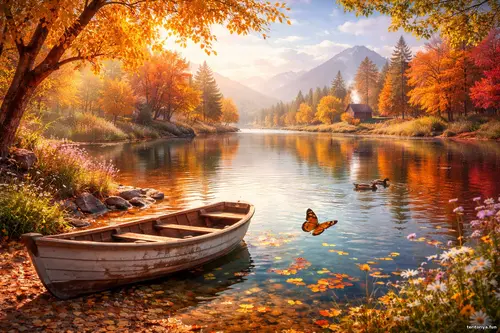 Осінній пейзаж біля спокійного озера з човном, золотим листям